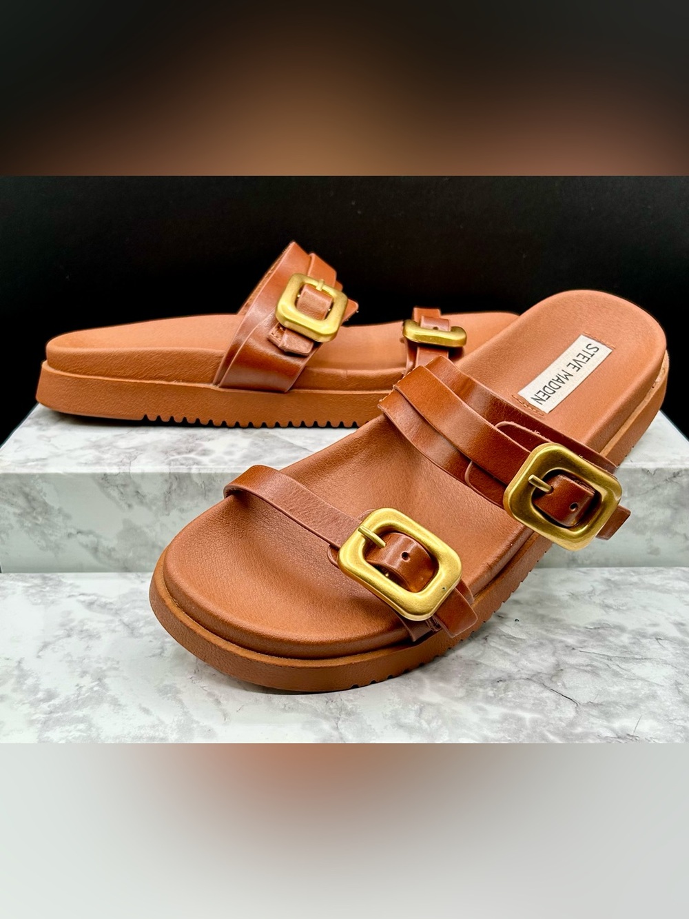 STEVE MADDEN Margey Sandals-Cognac Brown Leather and Gold-Toned Buckles.Size 8.5
